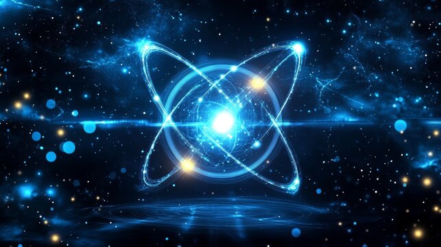 An abstract neon blue atom nucleus with electrons circling it, designed for science, technology, biology, or astrology presentation backgrounds