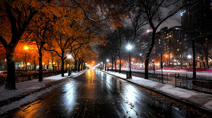 Snowy City Street at Night with Illuminated Trees