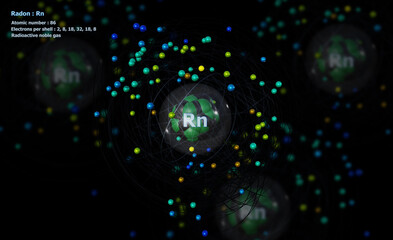 Atom of Radon with detailed Core and its 86 Electrons with Atoms in background