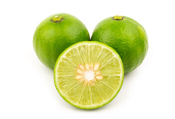Fresh lemon and slice on white background.