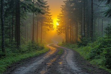 Fototapeta premium Sunrise path through misty forest