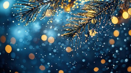 Dewy pine branch, bokeh lights, winter night, holiday card
