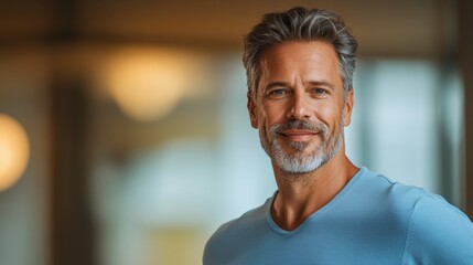 Obraz premium Man with a beard and gray hair is smiling for the camera. He is wearing a blue shirt and is standing in front of a wall
