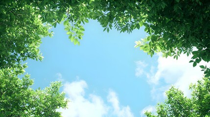 Obraz premium Bright Blue Sky Through Lush Green Treetop Canopy
