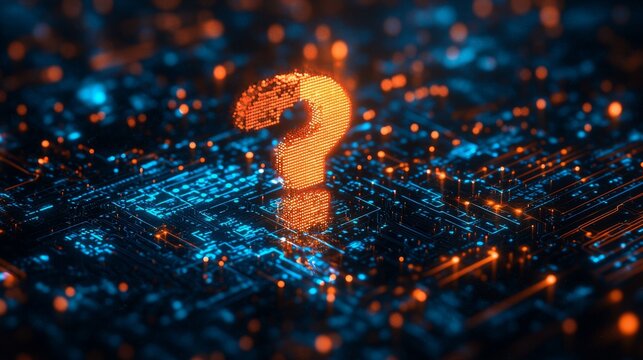 An FQA presentation concept background illustration featuring a 3D abstract wireframe grid with a neon red-orange question mark on a circuit board