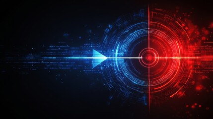 Fototapeta premium An abstract neon red target glows as an arrow hits the center on a blue laptop, representing business data analysis. The bokeh background underscores SEO optimization, target audience, and business
