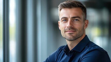 Modern businessman exudes confidence and professionalism in a deep blue shirt.
