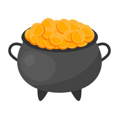 Leprechaun cauldron with gold coins, white background. Saint Patrick's day.