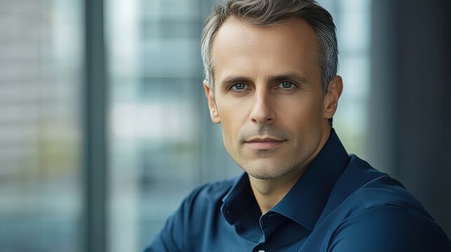 Modern businessman exudes confidence and professionalism in a deep blue shirt.
