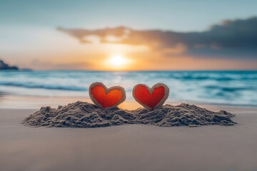 Fototapeta premium Two hearts are placed on the sand at the beach. The sun is setting in the background, creating a romantic and peaceful atmosphere