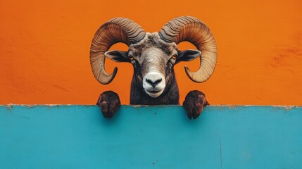 Curious ram with large horns peeking over turquoise wall against vibrant orange background. Animal curiosity and vibrant color contrast concept