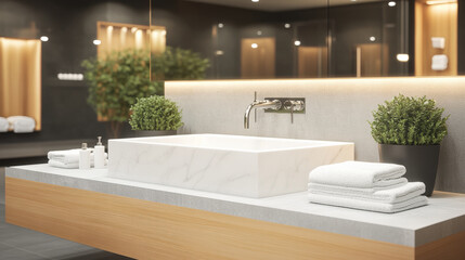 Fototapeta premium Modern bathroom featuring sleek marble sink, wooden accents, and lush greenery. elegant design creates serene and luxurious atmosphere