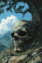 A giant skull sits within a large jungle landscape scene