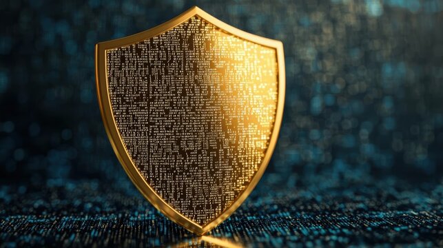 Golden shield with reflective surface displaying data codes, symbolizing premium and highly secure technological systems