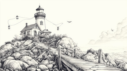 Fototapeta premium A picturesque lighthouse perched atop a rocky hill, with a rustic wooden bridge leading to its door, lanterns swaying gently from unseen threads
