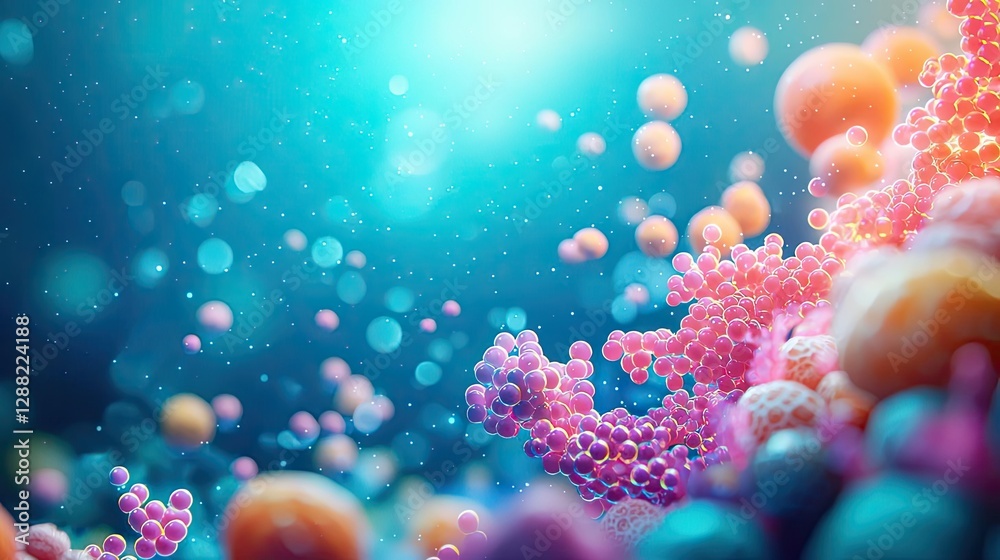Aufkleber Ocean acidification idea. Vibrant microscopic view of colorful particles in a captivating underwater scene.