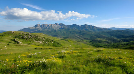 Obraz premium Panoramic View of Lush Green Meadow and Mountain Range Under a Blue Sky