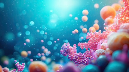 Ocean acidification idea. Vibrant microscopic view of colorful particles in a captivating underwater scene.