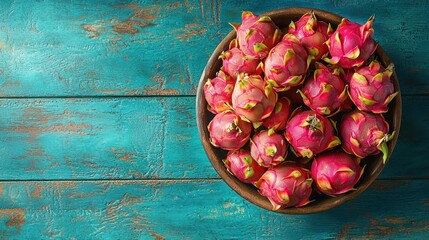 Dragon fruit bowl, rustic wood, overhead shot, tropical background, food blog