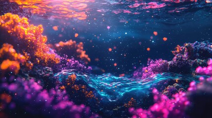 Fototapeta premium Ocean acidification concept. Vibrant underwater scene with colorful coral and magical light effects.