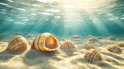 Ocean acidification idea. Beautiful underwater scene featuring seashells on sandy ocean floor with sunlight.