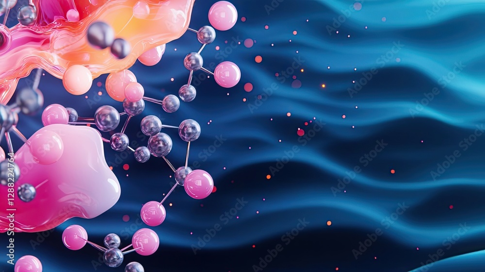 Poster Ocean acidification concept. Abstract molecular structures floating in vibrant waves of color.
