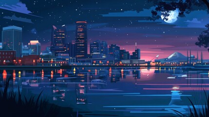  Baltimore skyline silhouette with reflection in the water. Urban landscape of Baltimore, Maryland, featuring iconic buildings and landmarks in vector illustration.