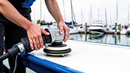 A Skilled Male Worker Using a Power Polisher to Shine a Boat at a Marina with Yachts and Sailboats in the Background During a Clear Day