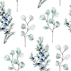 Seamless watercolor pattern of juniper branches and eucalyptus twigs. Hand-painted coniferous foliage in soft green tones isolated. Nordic botanical design for fabric, stationery, and wrapping paper.