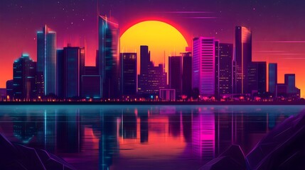 Obraz premium Vibrant neon colored retrowave illustration of a sunrise and a cityscape