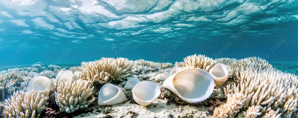 Poster ocean acidification idea. underwater view of coral reef with shells resting on the sandy seafloor.