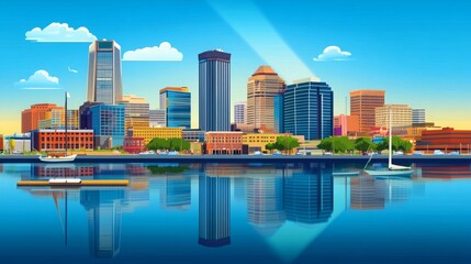 Obraz premium Baltimore skyline silhouette with reflection in the water. Urban landscape of Baltimore, Maryland, featuring iconic buildings and landmarks in vector illustration.