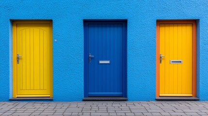 vibrant colorful doors against a blue wall