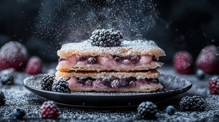 Dusting berry pancake dessert, dark background, food photography