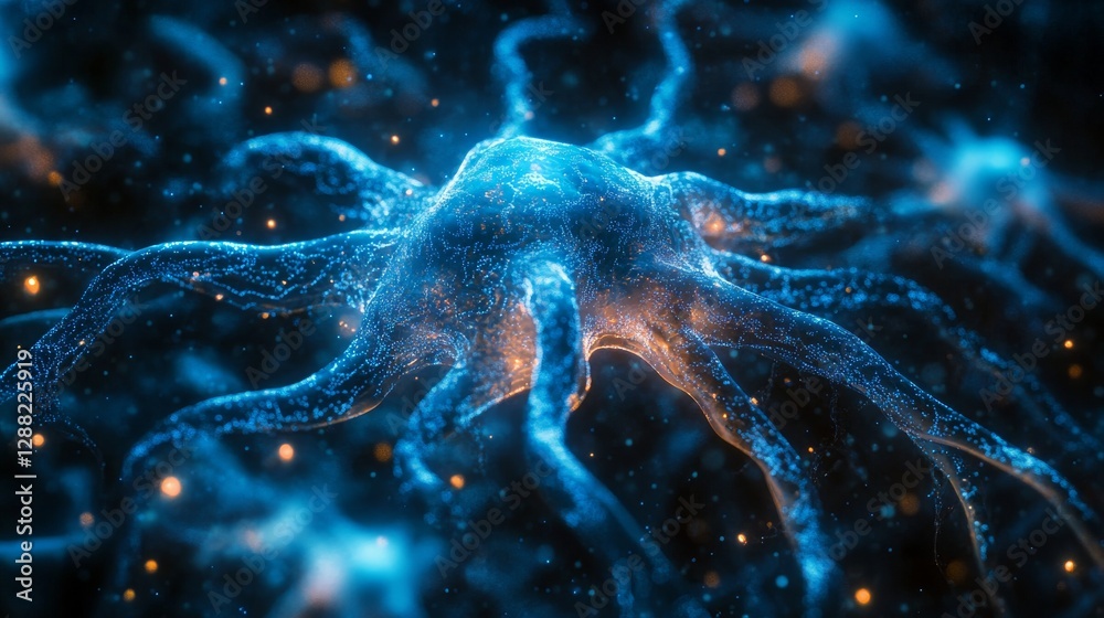 Poster Close-up of glowing blue neuron with interconnected networks on a dark background. Neuroscience and connectivity concept
