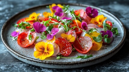 Edible flower salad, restaurant, gourmet food, dark background, menu photography