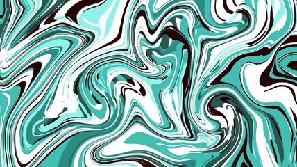 A fluid abstract design featuring swirling turquoise, white, and black patterns. The dynamic flow creates a marble-like, hypnotic visual effect with bold contrasts and organic movement.
