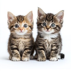 Isolated on a white background, two charming kittens, one black and one orange, sit together. These domestic animals are incredibly cute