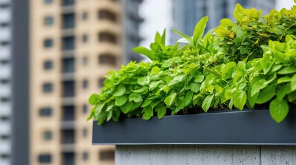 Earth day environmental concept. Vibrant green plants in a modern urban setting with buildings in the background.