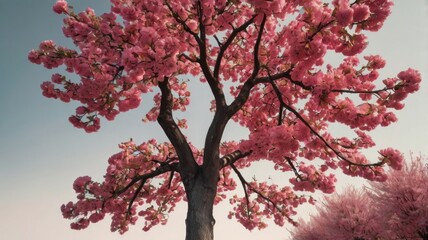 Fototapeta premium Vibrant Pink Tree in Full Bloom with Branch Details Against a Serene Sky in Springtime