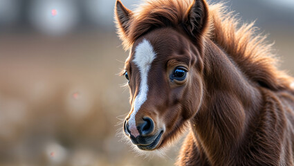 Pony portrait with fluffy mane and gentle eyes looking forward