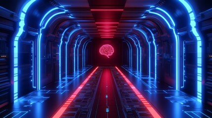 Obraz premium A neon-lit digital technology circuit board with an AI brain chip CPU inside a computer, featuring a vibrant blue futuristic glow, symbolizing an abstract connection concept for a background idea