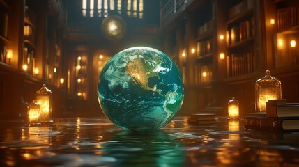 A library scene features a wooden table with a magical fantasy Earth globe and books, serving as a school geography background for a presentation wallpaper, highlighted by futuristic technology
