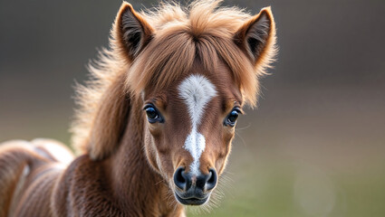 Fototapeta premium Pony face close up with white blaze and brown coat in soft light
