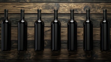 Eight Wine Bottles on Rustic Wood, Cellar Background, Mockup