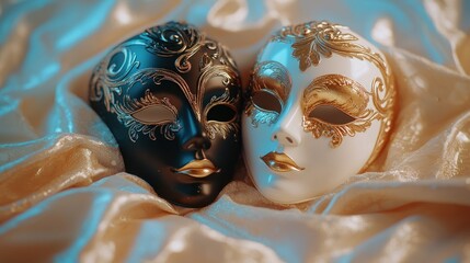 Elegant Venetian masks on silk, blue light, romance