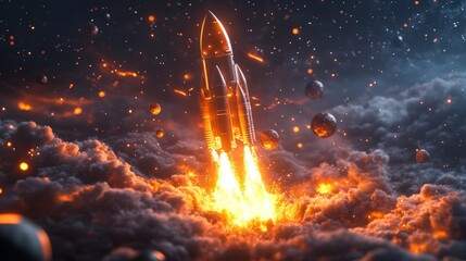 A 3D cartoon spaceship rocket, colored in yellow and orange, flies across a blue sky with white clouds, representing a startup innovation technology business launch.