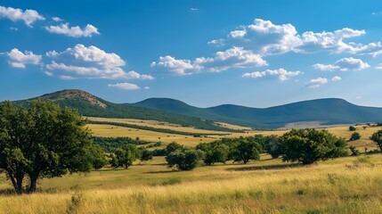 Obraz premium serene summer landscape with rolling hills and blue sky