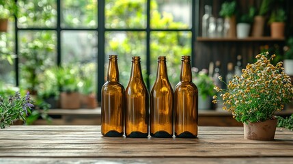 Empty bottles, wooden table, garden backdrop, recycling