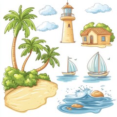 Obraz premium Modern clipart illustrations on a white background, featuring a sunny summer beach with the ocean, sea, and palm trees. Ideal for a travel vacation postcard